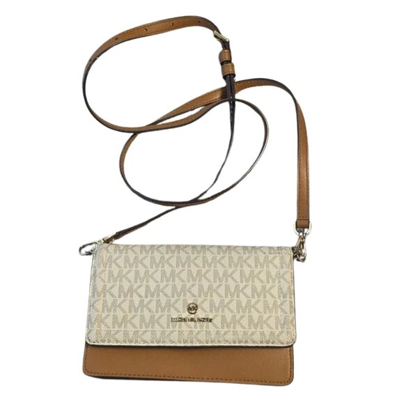 Michael Kors Monogram Cream and Tan Crossbody Fold Bag - Picture 1 of 6